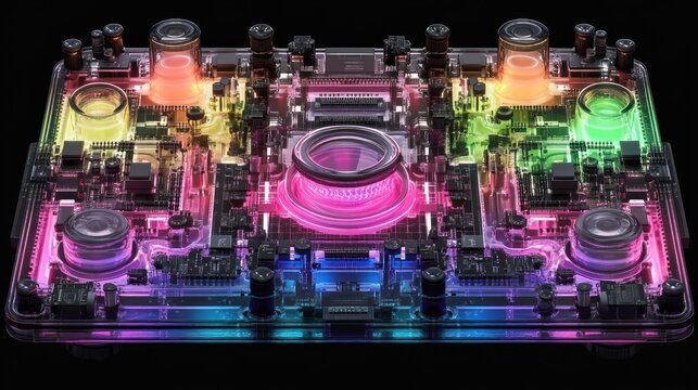 Futuristic transparent camera with colorful circuit board and lens.