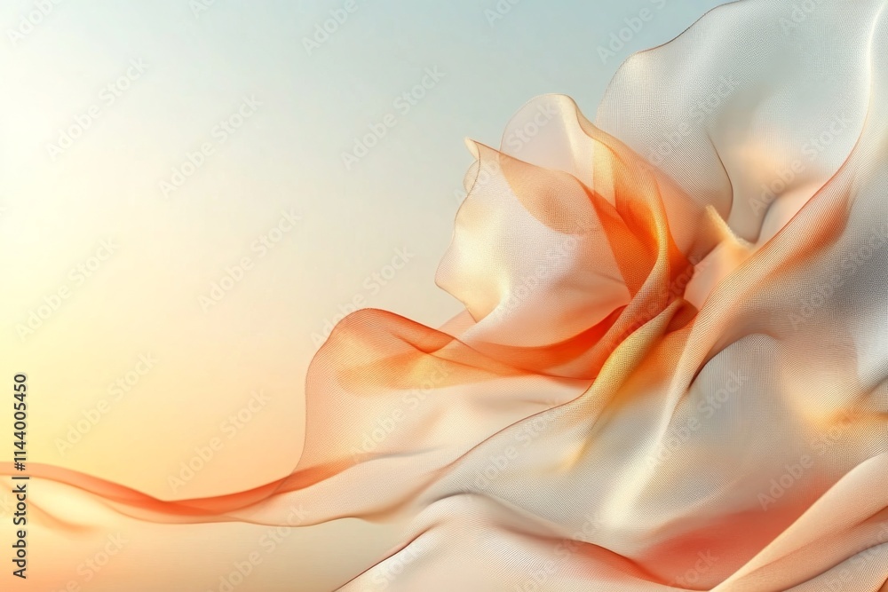 Poster abstract design featuring flowing fabric in warm tones at sunset with soft textures and gradient col