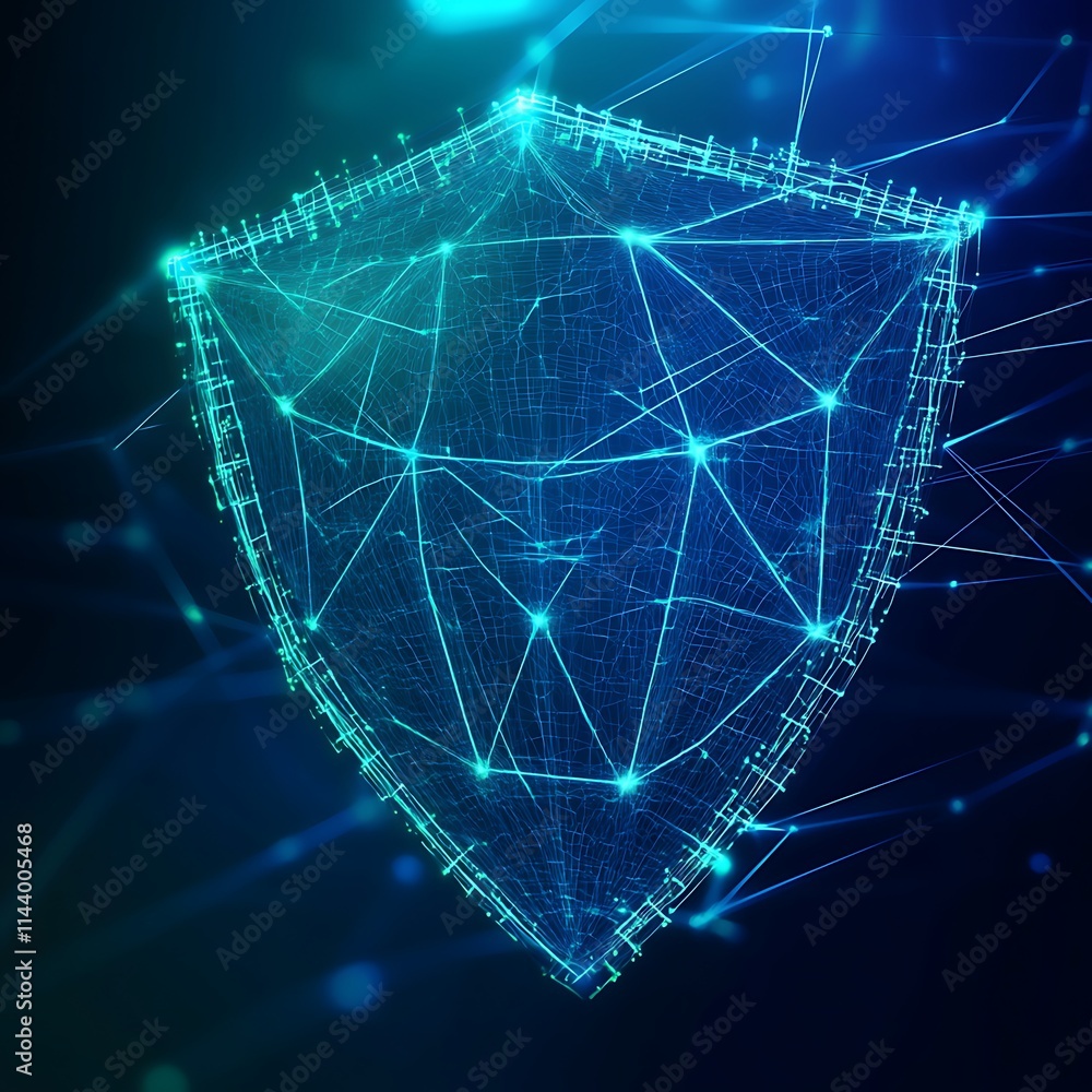 Poster digital shield graphic representing cybersecurity and data protection in a modern world
