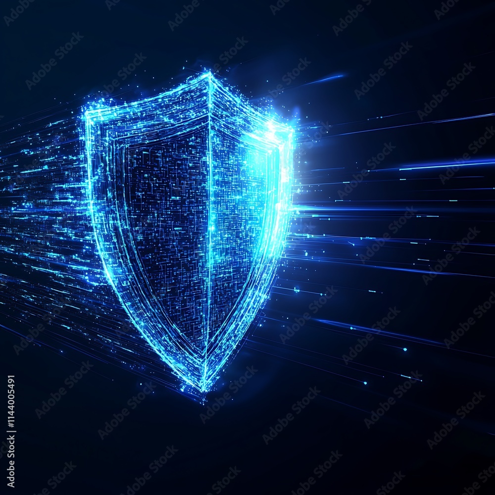 Poster digital shield graphic with glowing network particles on dark background for cybersecurity concepts