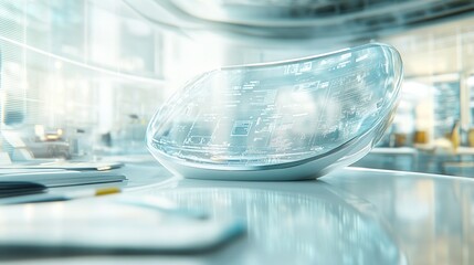 Futuristic transparent device on a lab table displaying data.