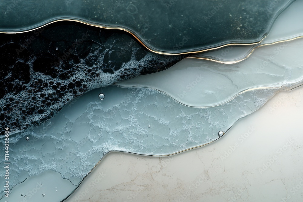 Poster abstract depiction of fluid dynamics in layers of blue and white, showcasing bubbles and textures un