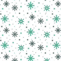 Seamless pattern of gren and white snowflakes in various different shapes on white backgrround for Chistmas, New Year, posters, greeting cards, packaging, wrapping papers