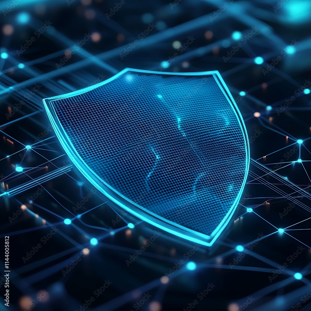Poster digital shield icon glowing in abstract network background representing cybersecurity theme