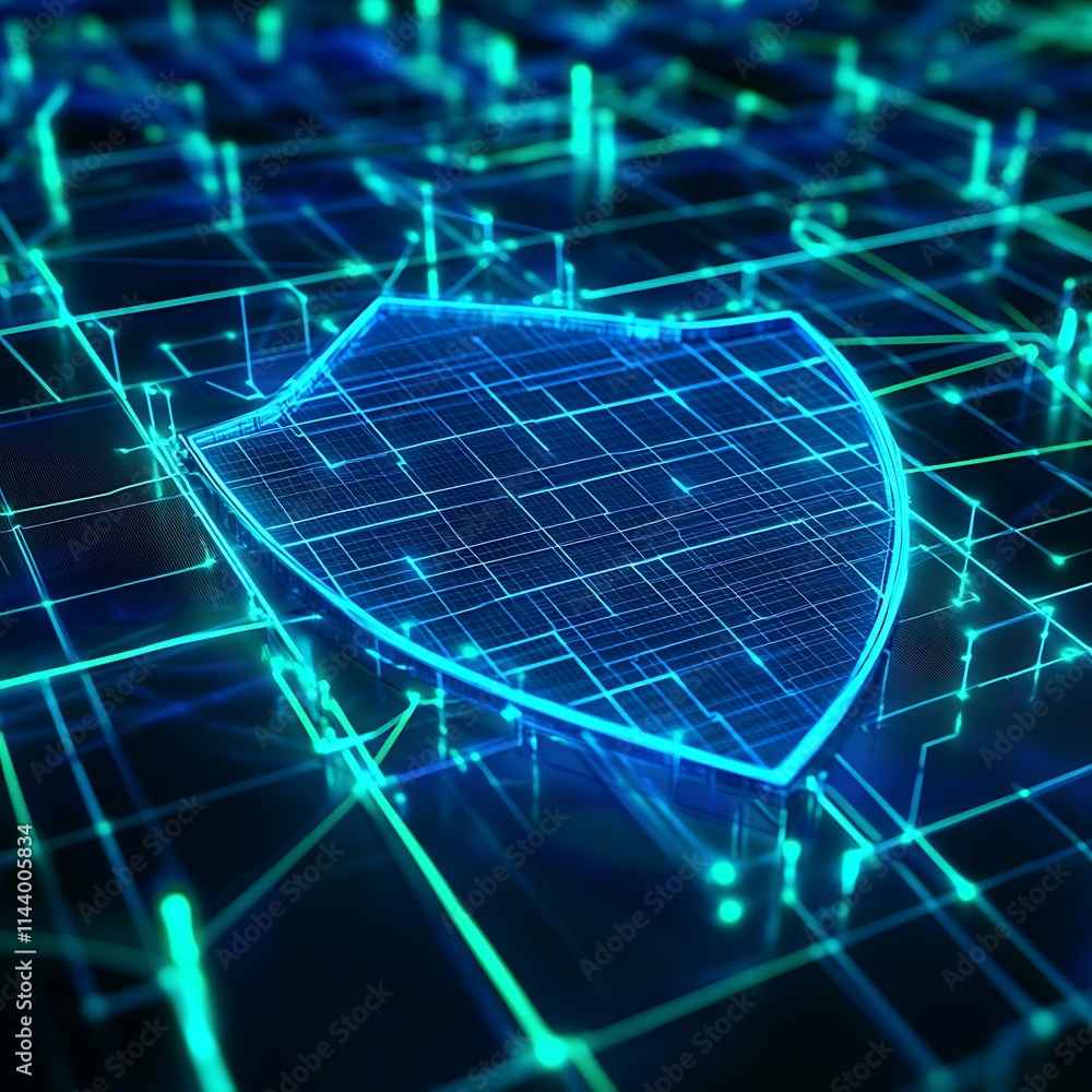 Poster digital shield icon on abstract circuit background with neon glow and futuristic technology elements