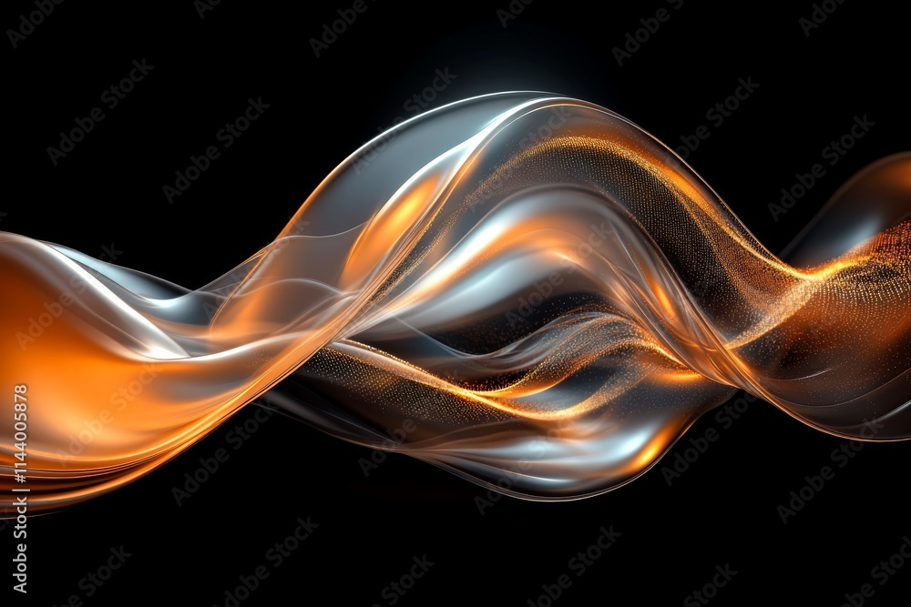 Poster smooth flowing waves of orange and silver light create a dynamic visual against a dark background