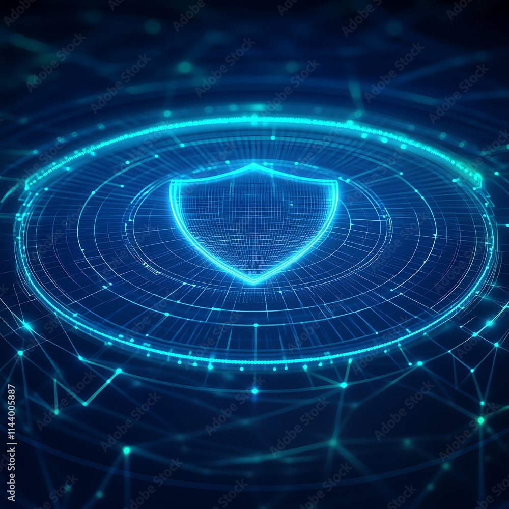Poster digital shield icon representing cybersecurity protection and data safety with network background