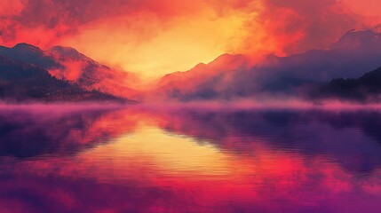 The calm waters of a mountain lake reflecting the brilliant sunset hues of red, orange, and purple, with a misty fog rising off the surface and mountains looming in the distance 