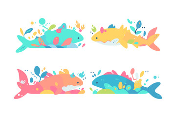 Four colorful fish with fins and tails