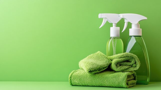 Green cleaning supplies and towels on green background. Perfect for eco-friendly, spring cleaning, or hygiene concepts.