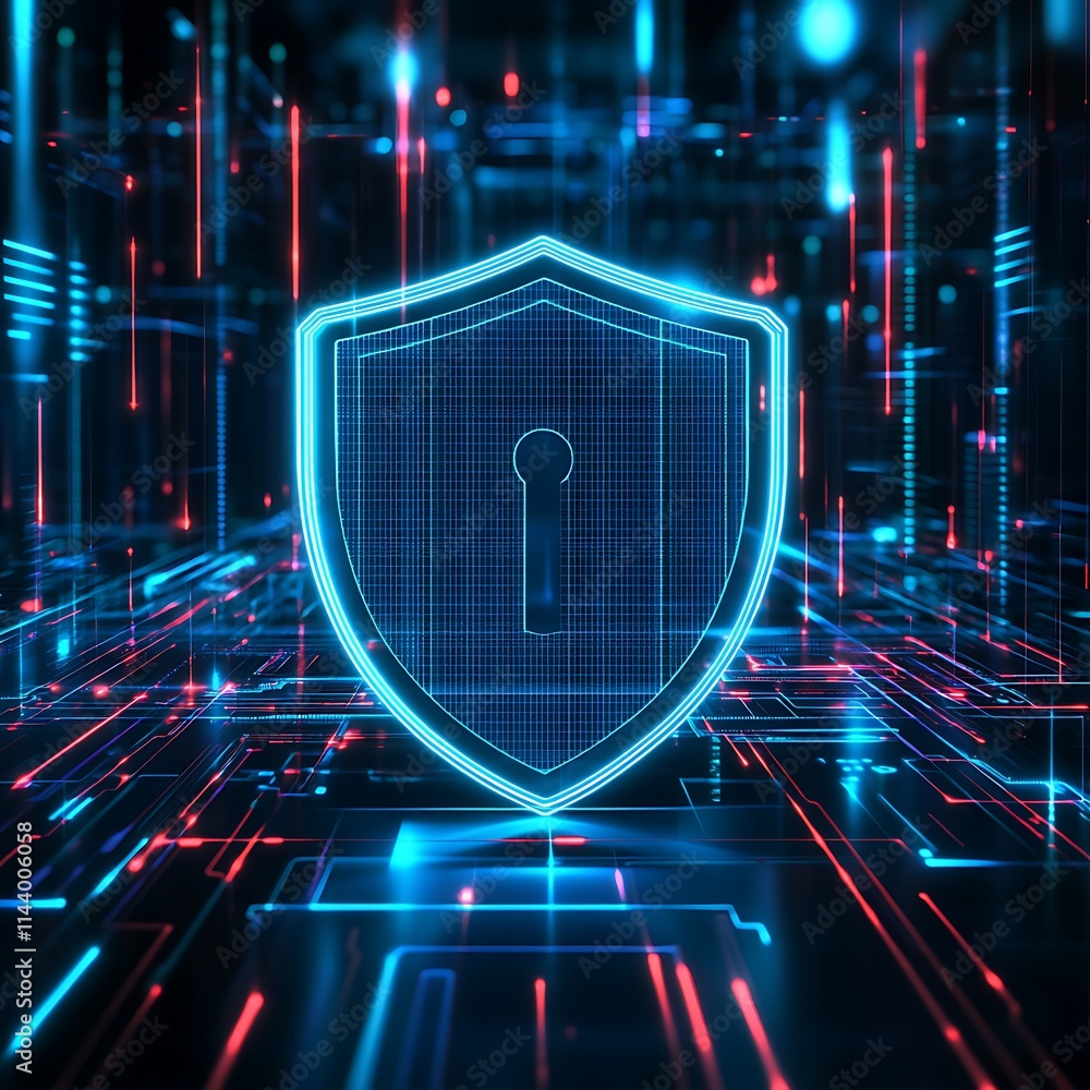 Poster digital shield icon with keyhole surrounded by neon light data connections in cybersecurity environm