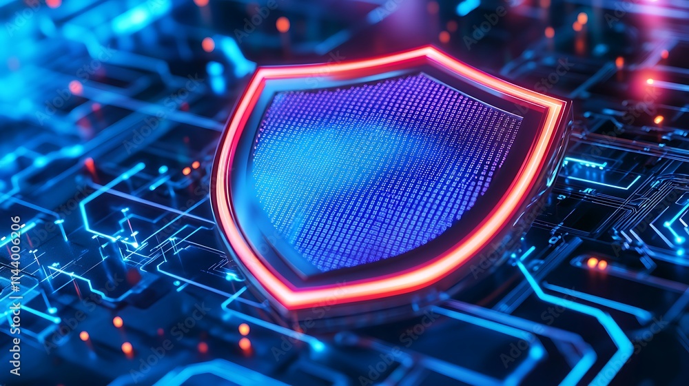 Poster digital shield on circuit board background with blue and red neon highlights and futuristic design