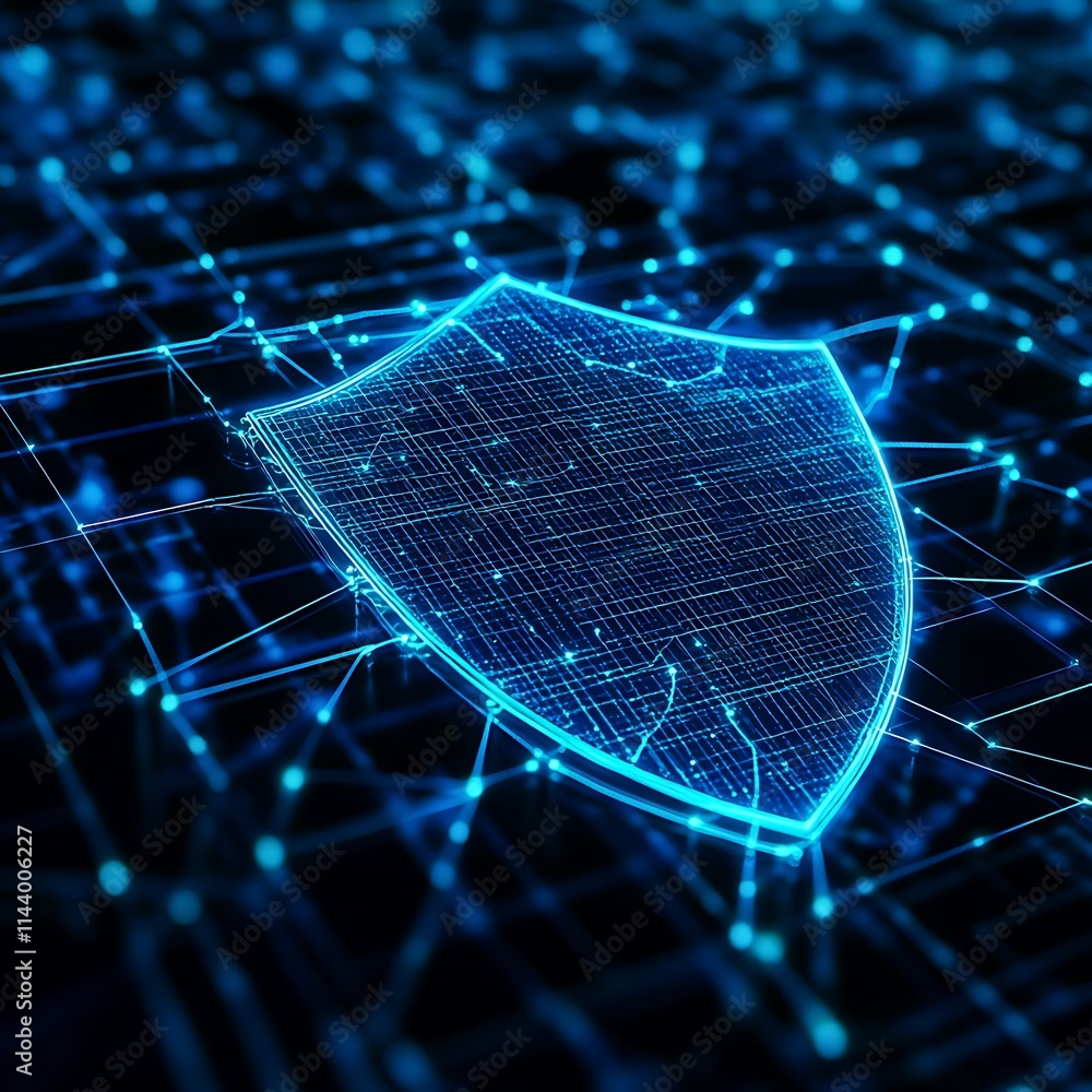 Poster digital shield protection in a high-tech network environment with connected nodes and grids
