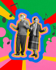 Happy senior couple cheerfully dancing against abstract colorful background. Contemporary art collage. Concept of music, party, active elderly lifestyle, health care, wellness. Pop art