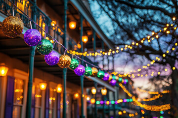 Colorful festival street decorations with glowing lights