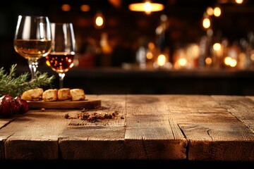 Elegant drinks and savory snacks set on rustic wooden table in cozy bar during evening gathering