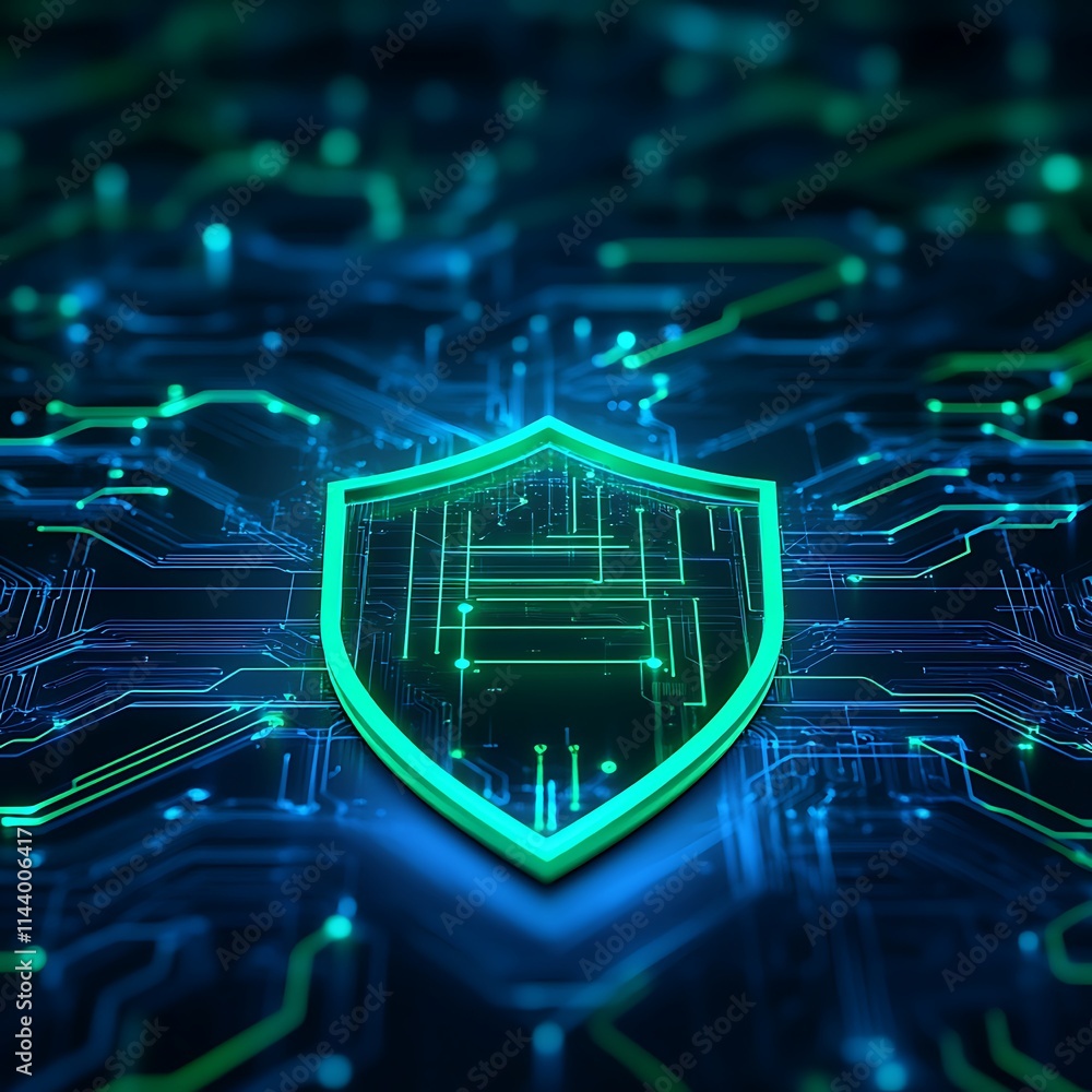 Poster digital shield symbol in cyber security design with circuit patterns and bright neon colors