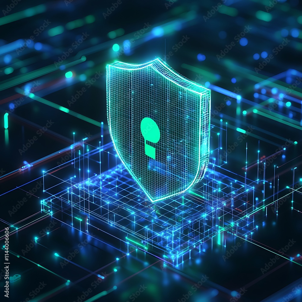 Poster digital shield symbol on futuristic background with circuit patterns and data streams