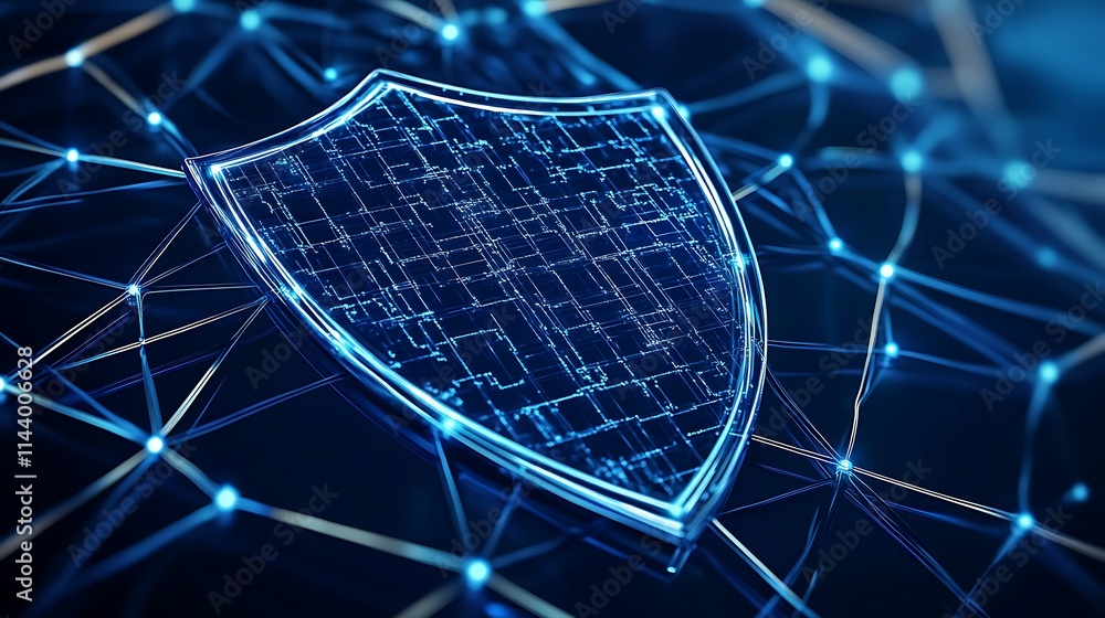 Poster digital shield symbol over abstract network background representing cybersecurity and protection