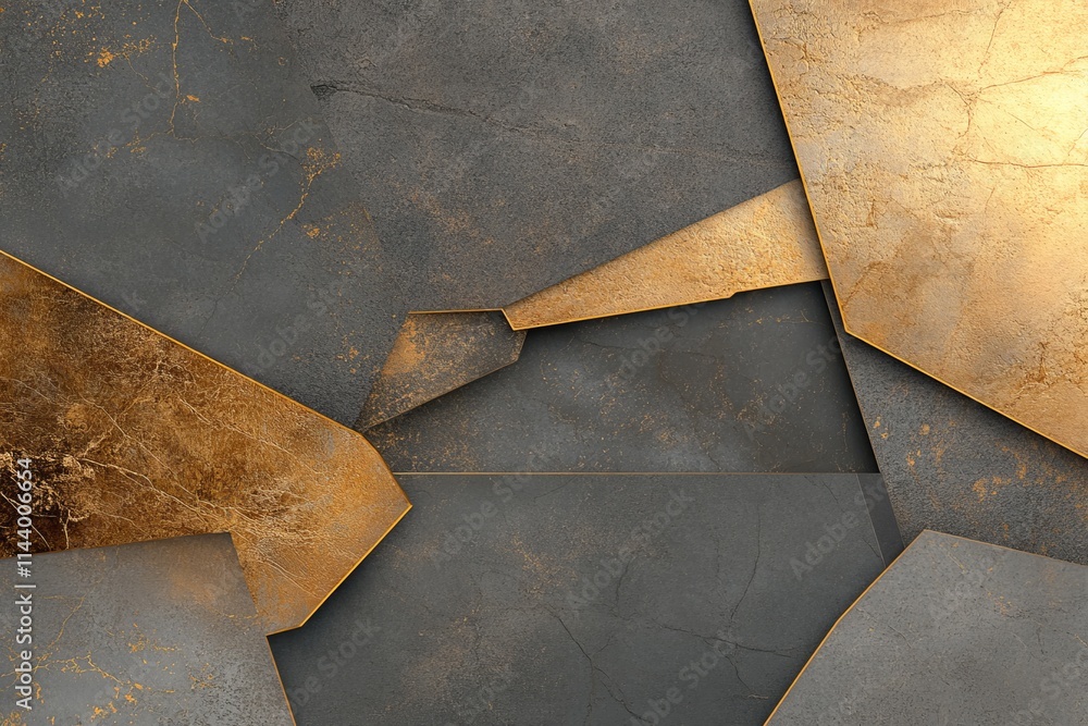 Poster abstract composition of textured dark and gold panels in a modern design style highlighting sharp an