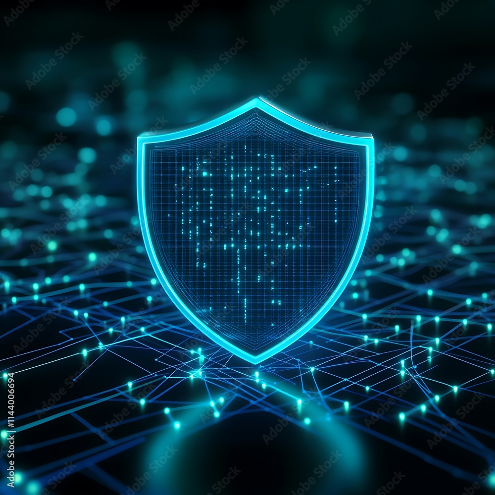 Poster digital shield symbol representing cyber security and data protection in a network environment