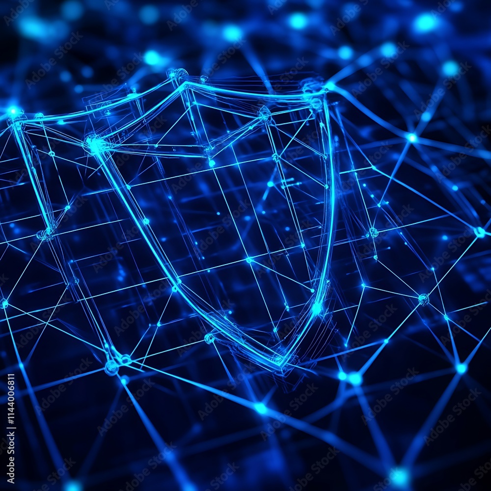 Poster digital shield symbol representing cybersecurity and data protection in a networked environment