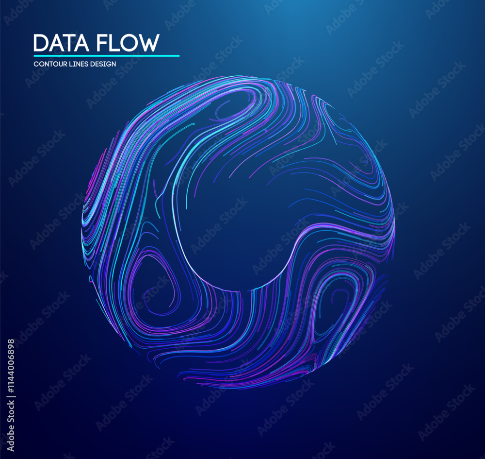 Poster abstract digital sphere with flowing contour lines representing data flow technology background