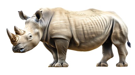 Fototapeta premium Strong Rhino Closeup Photo Standing Calmly Isolated on White Background. AI Generated