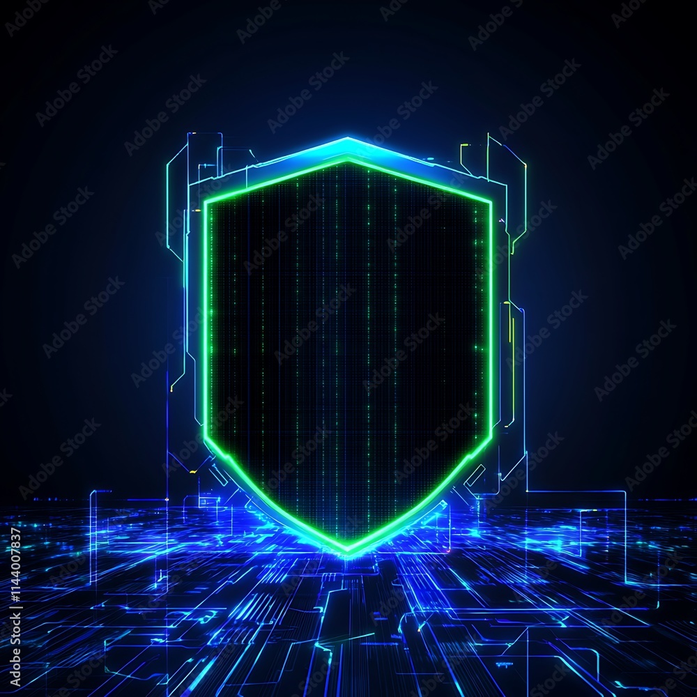 Poster digital shield with glowing effects in cyber environment with data streams and grids