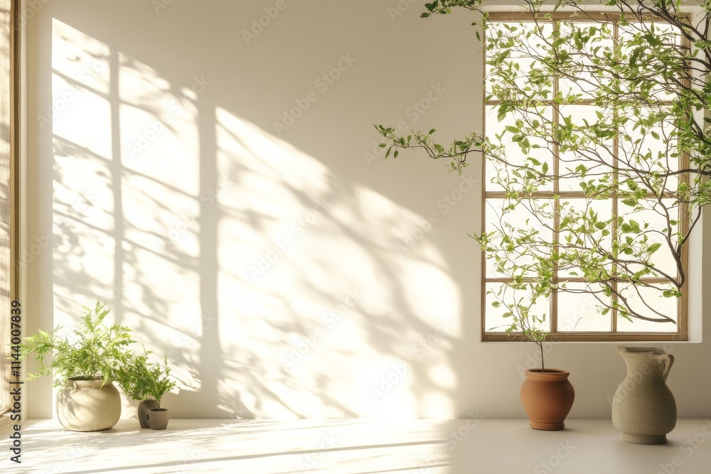 Poster sunlight filters through a large window illuminating greenery and pottery in a serene indoor setting