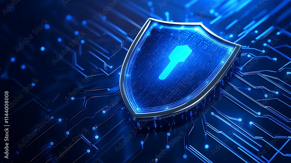 Poster digital shield with key symbol on circuit board background representing cybersecurity concepts