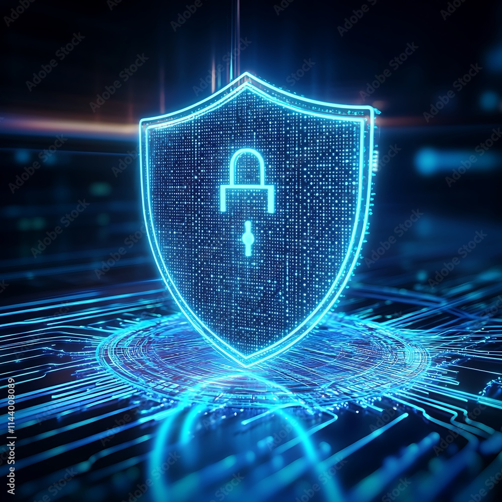 Poster digital shield with lock symbol representing cyber security and data protection in technology