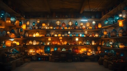 Dimly lit room filled with various colorful glass lanterns on shelves.