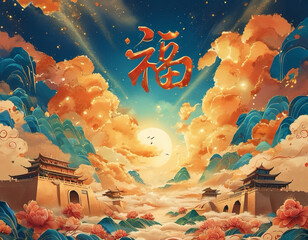 Illustration of asian chinese temple in the morning with character of "fu" in middle. happy new year concept. wallpaper, 300dpi