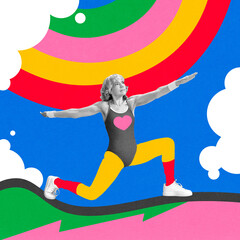 Elderly woman standing in yoga pose with arms stretched, training against abstract colorful...