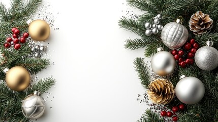 Elegant Christmas Border with Gold and Silver Ornaments and Fir Branches
