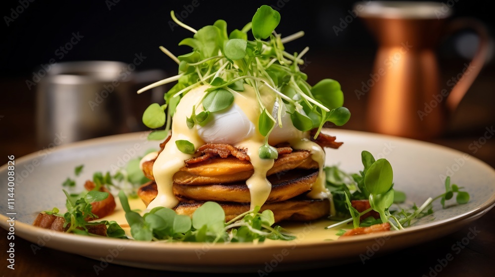 Poster rustic and elegant presentation of gourmet eggs benedict breakfast with lightly toasted muffins and 