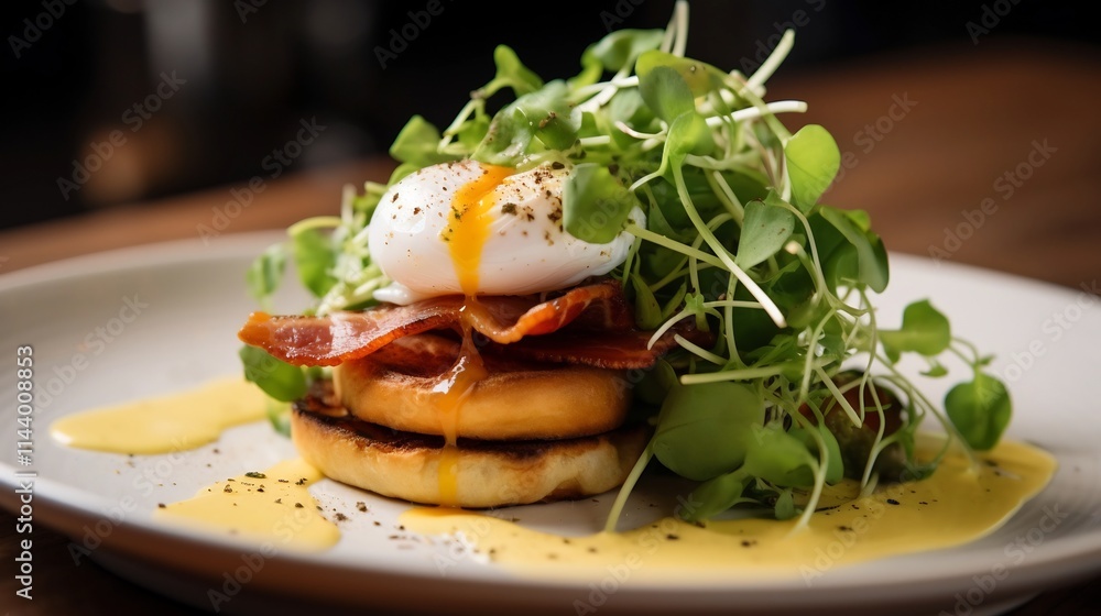 Poster rustic and appetizing presentation of delicious eggs benedict with lightly toasted muffins crispy ba