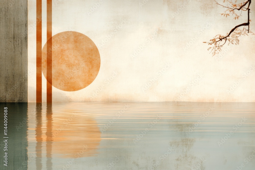 Poster calm water reflects abstract orange circle with vertical lines creating a serene atmosphere in a min