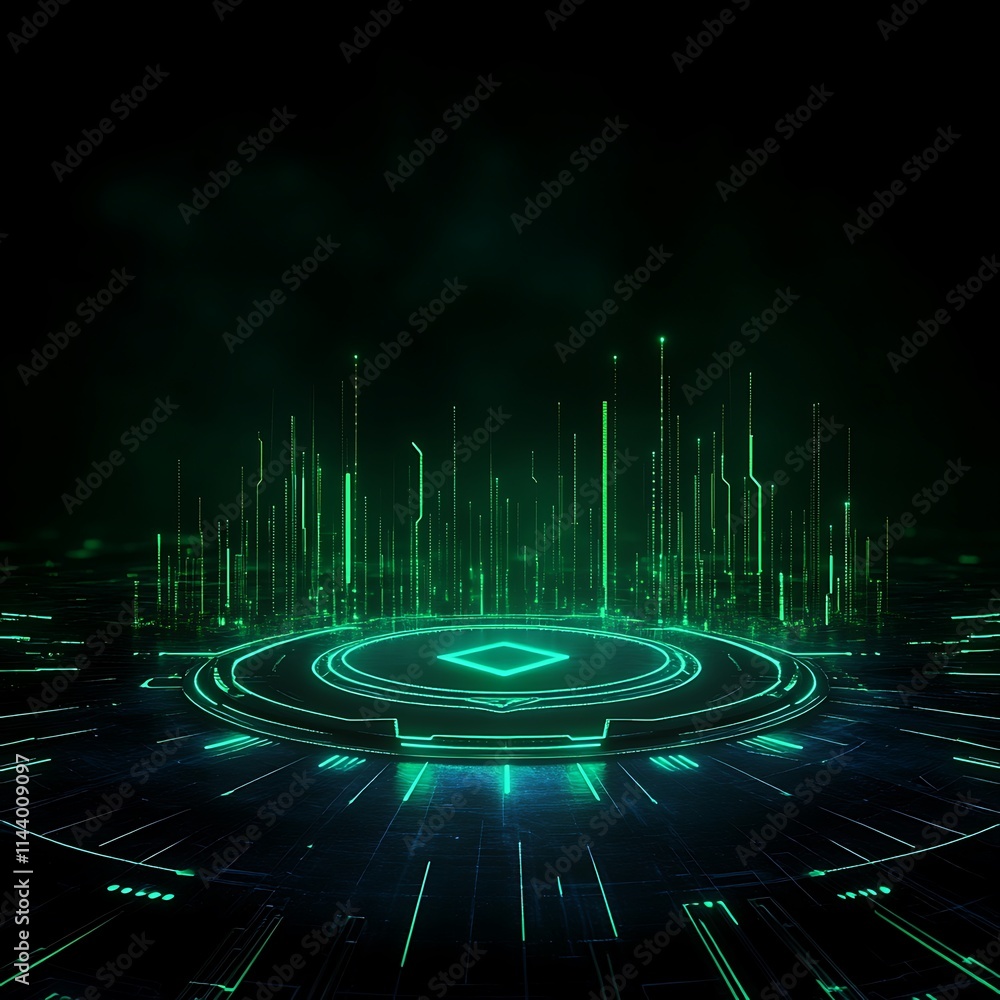 Poster futuristic abstract digital landscape with green glow and circular elements in space