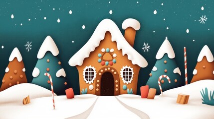 Gingerbread house in snowy landscape at night. (1)