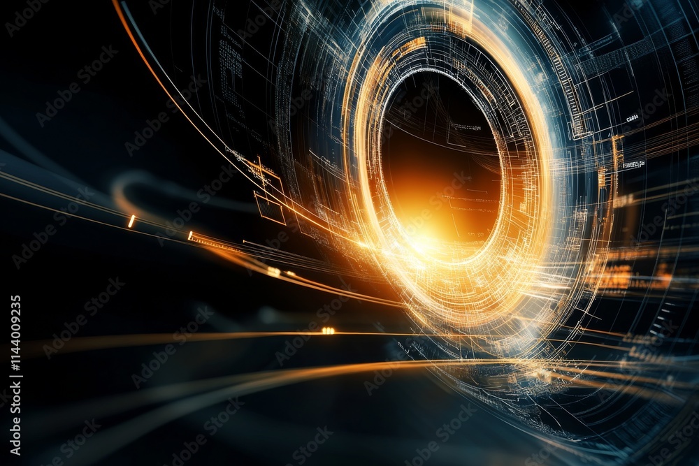 Poster digital abstract design featuring glowing circular patterns and dynamic lines set against a dark bac