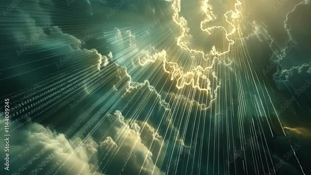 Poster big data streams cascading from a cloudy sky at sunset, forming a striking visualization of digital 