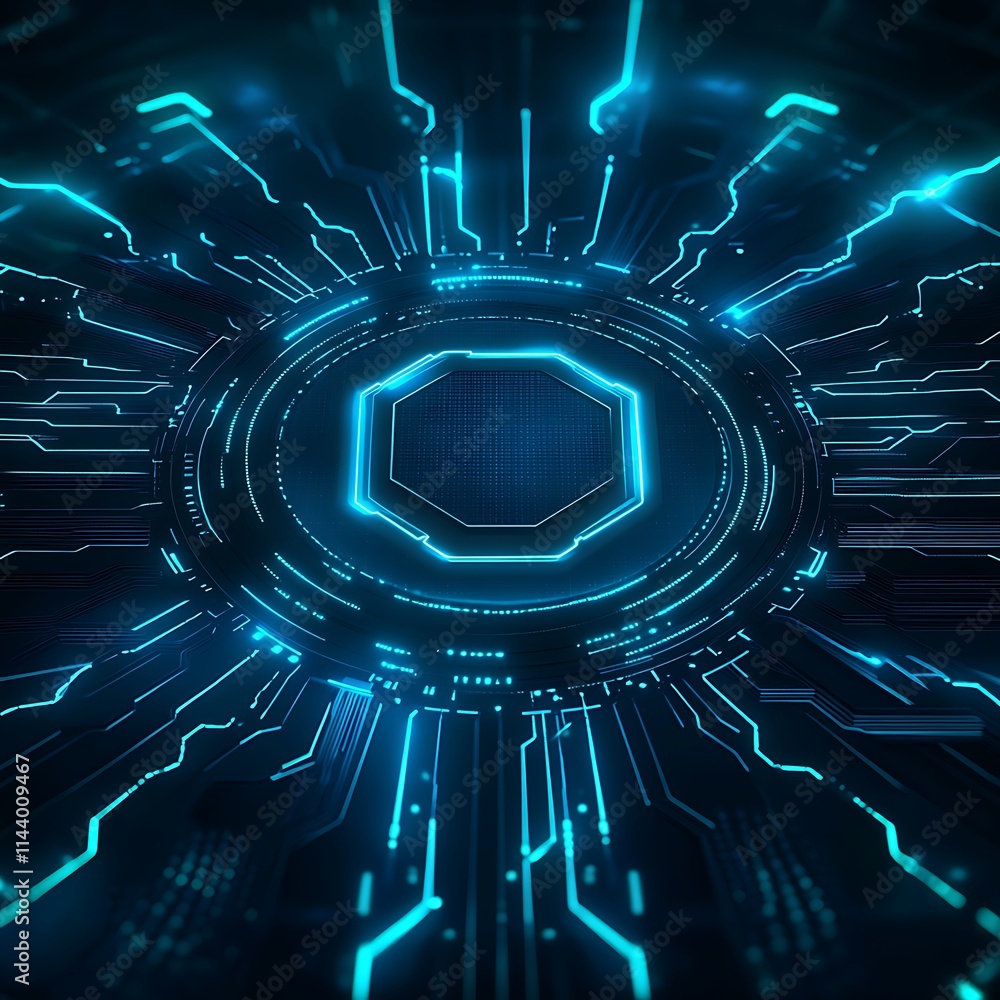 Poster futuristic abstract technology background with neon circuits and geometric shapes