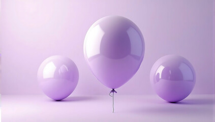 Multiple purple air balloons floating gracefully in a minimalist purple studio, party atmosphere, celebration, helium balloons, dreamy ambiance