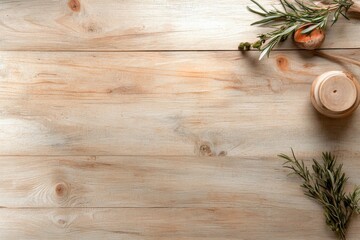 Fototapeta premium Rustic wooden table with herbs and a small jar featuring fresh ingredients for cooking