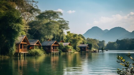 Naklejka premium Serene Floating Houses Nestled in Khao Laem National Park a Tranquil Lakeside Oasis in the Heart of Thailand s Lush Wilderness