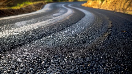 Winding asphalt road with a rural background on a sunny day