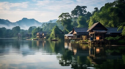 Serene Floating Houses Nestled in Khao Laem National Park A Tranquil Lakeside Retreat Offering a Peaceful Escape in the Heart of Thailand s Stunning Natural Landscape