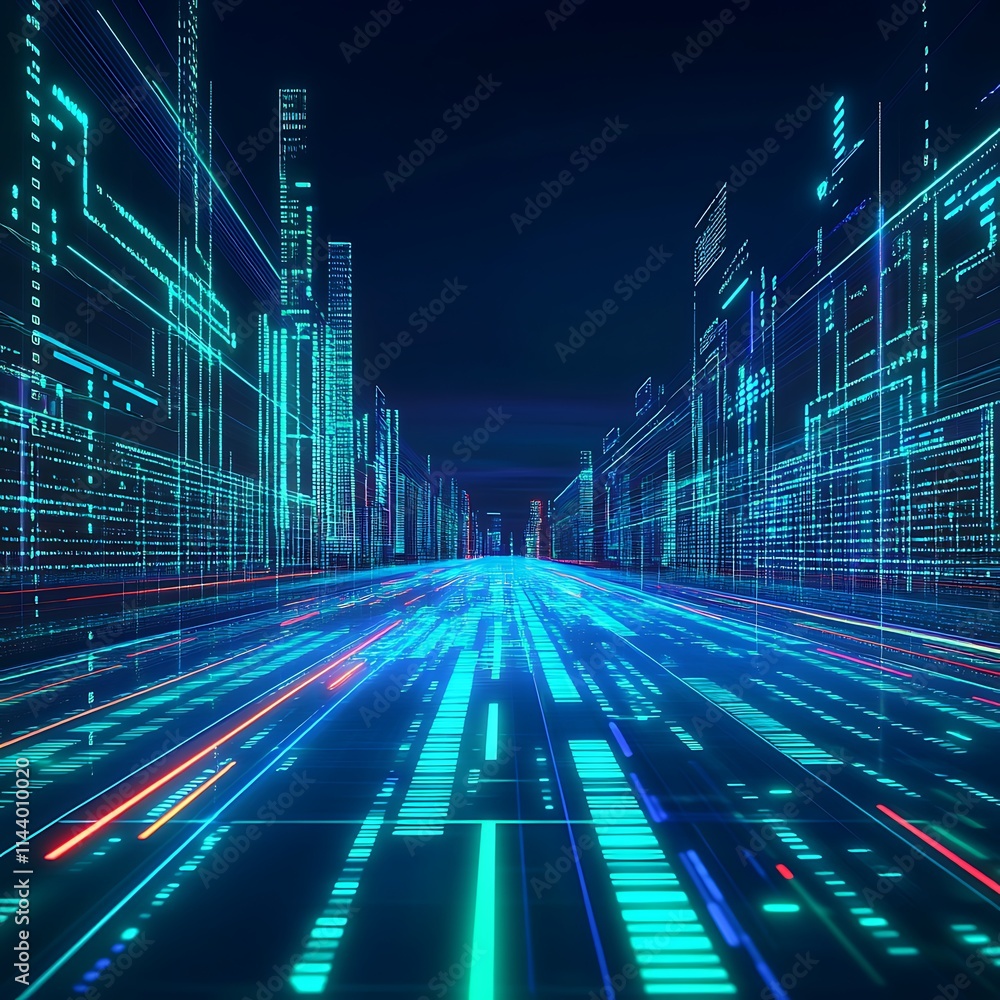Poster futuristic cityscape with neon lights and data streams in a technology visualization scene